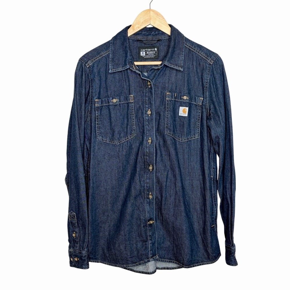 Carhartt Denim Relaxed Fit Shirt Womens Size M Workwear Western Shacket Dark